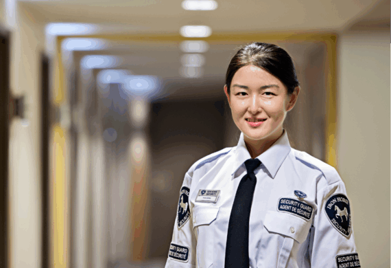 Licensed security guard greeting a visitor at reception