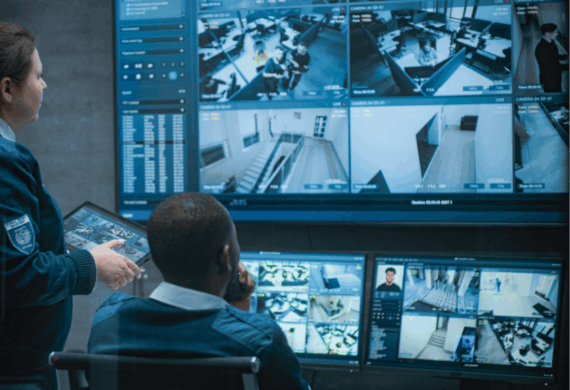 security guard watching on several monitors