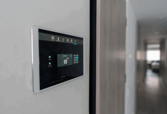 Access control panel with proximity card reader at door