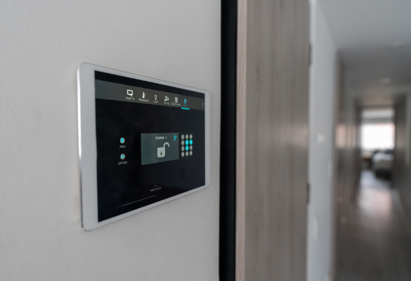 Access control panel with proximity card reader at door