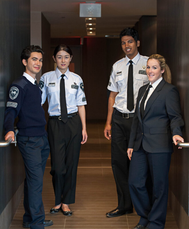 Condo security team welcoming residents in a modern high-rise