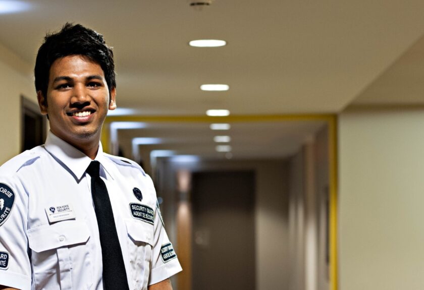 male iron horse security guard in concierge uniform in the hallway of a residence building