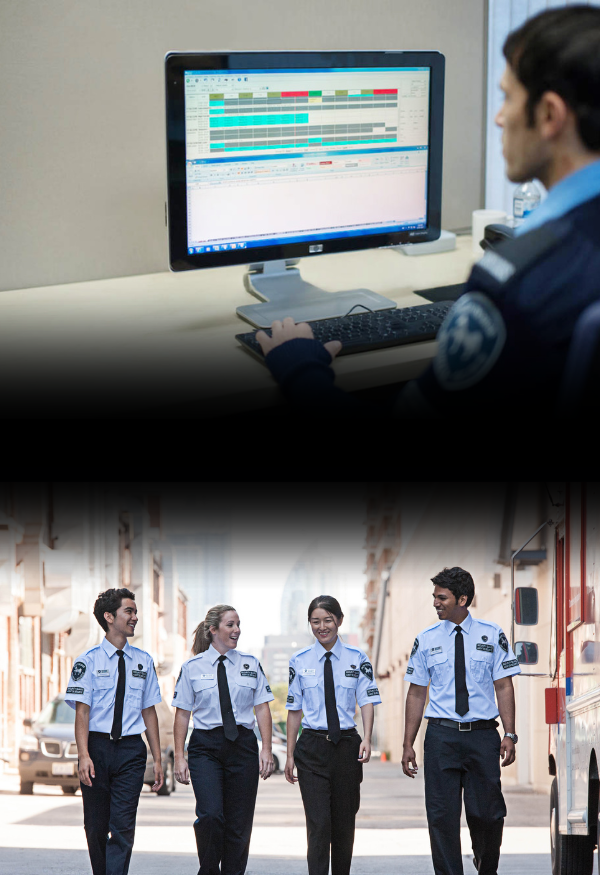 an iron horse scheduler reviewinging files in the top image and four guard walking downtown toronto in the lower image
