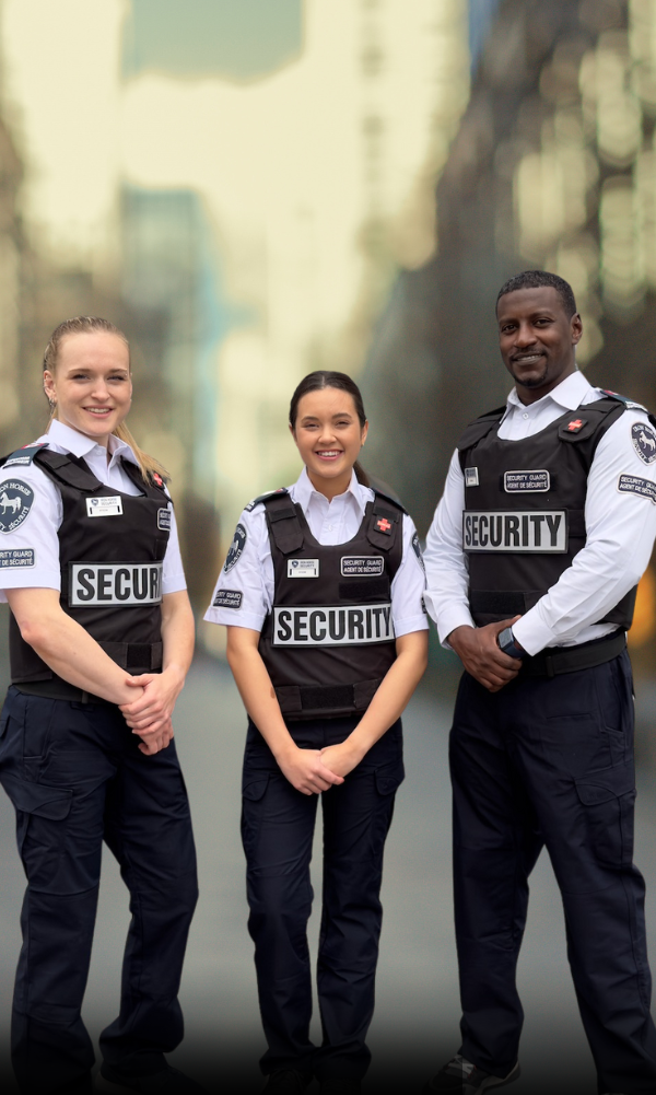 three iron horse security guards on watch outside a city building