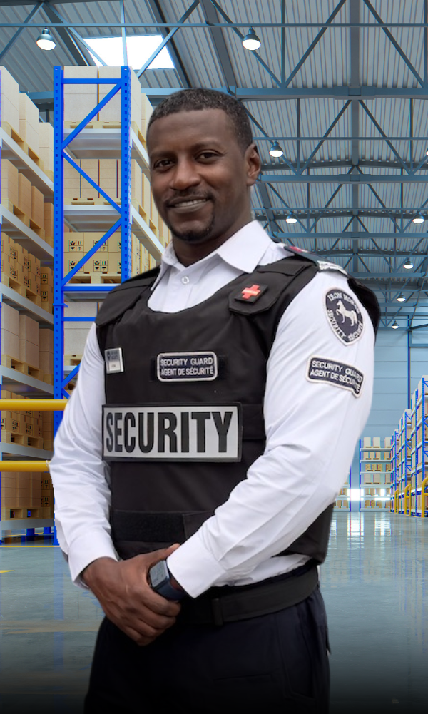 male iron horse security guard in warehouse